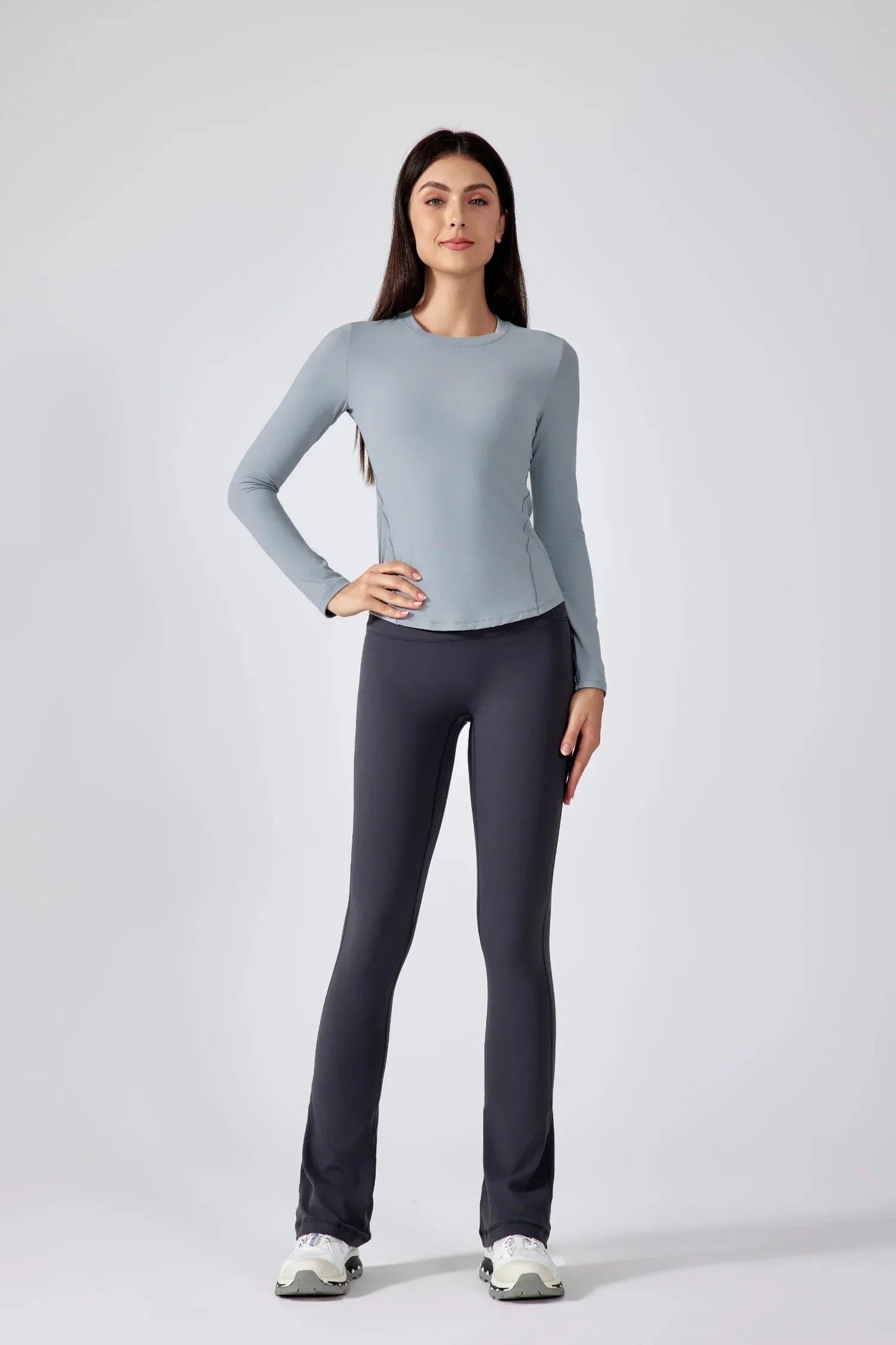 Slim Fit Yoga Fitness Langarm Top-Hellgrau