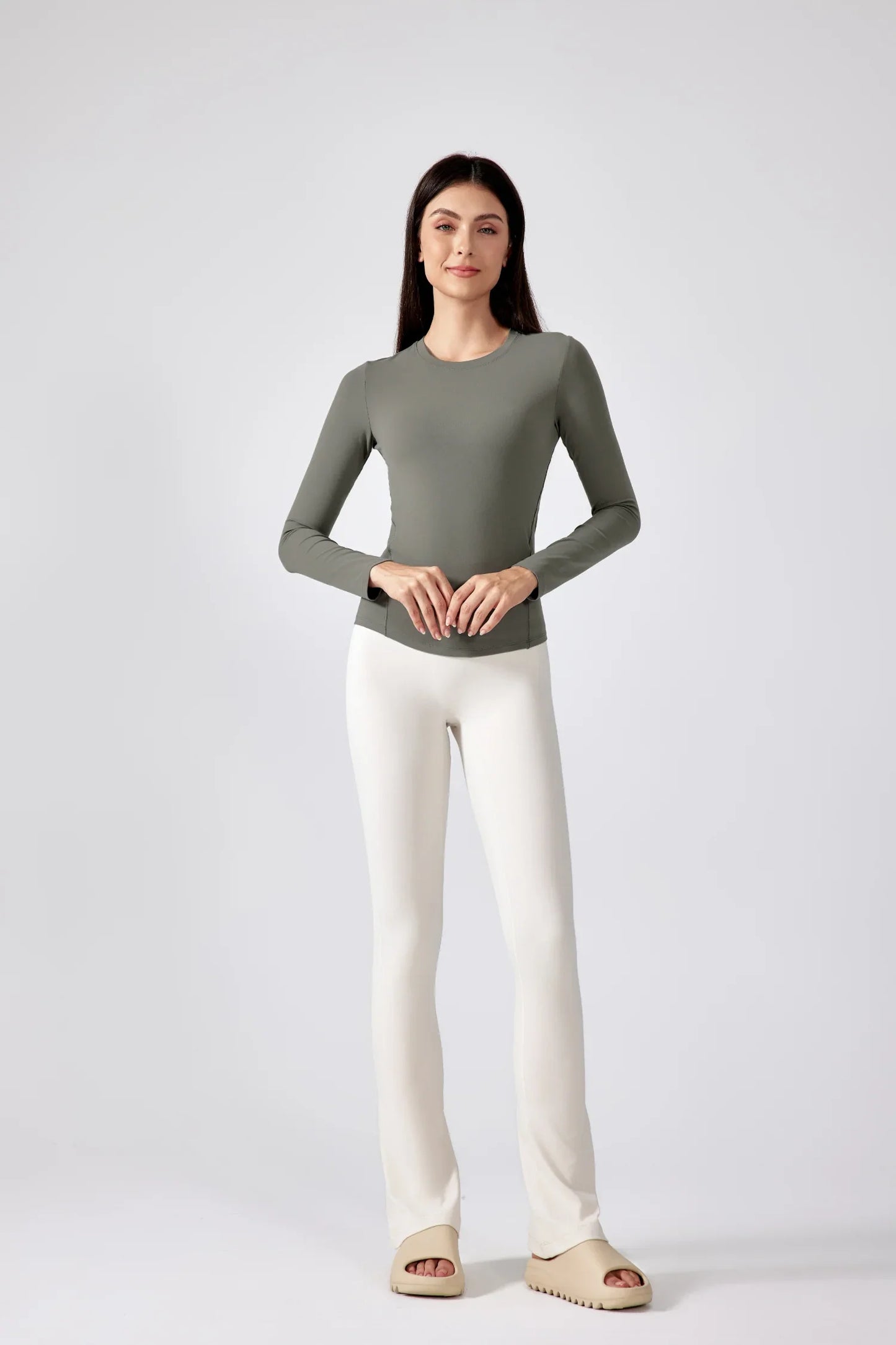 Slim Fit Yoga Fitness Langarm Top-Khaki braun