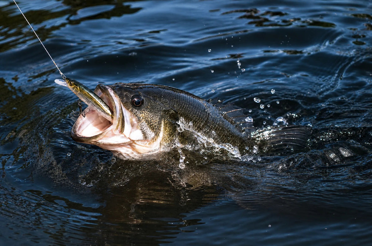 Bass at the water surface with a lure attached to a line.