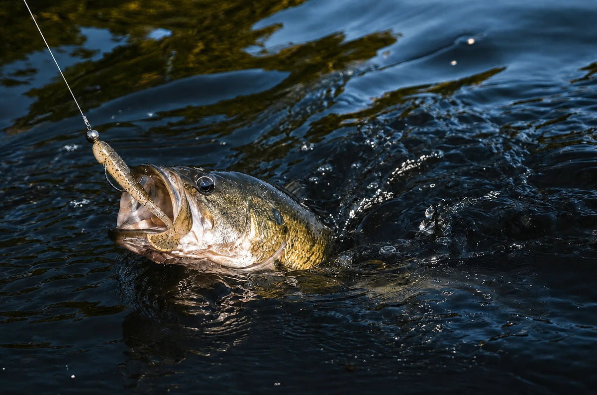 Bass at the water surface with a fishing lure in its mouth.
