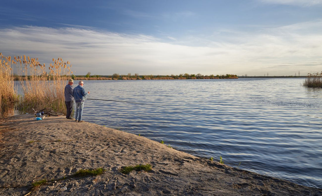 Two anglers standing on an open lakeshore beside reeds