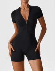 Velafit Short Sleeve Zipper Romper-Black