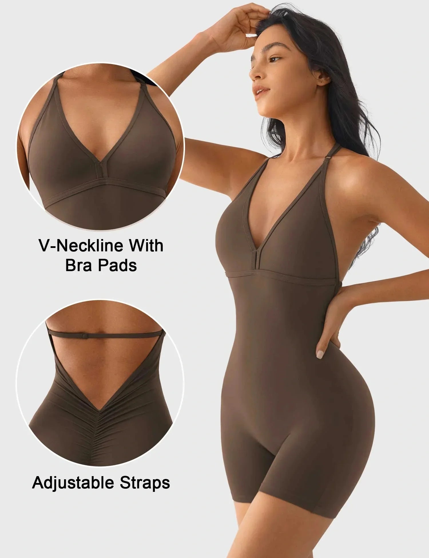 Velafit Taylor V Neck Backless Romper-Coffee