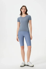Short de fitness taille haute liftant les fesses - Bleu brume