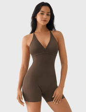 Velafit Taylor V Neck Backless Romper-Coffee