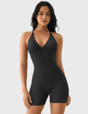 Velafit Taylor V Neck Backless Romper-Black