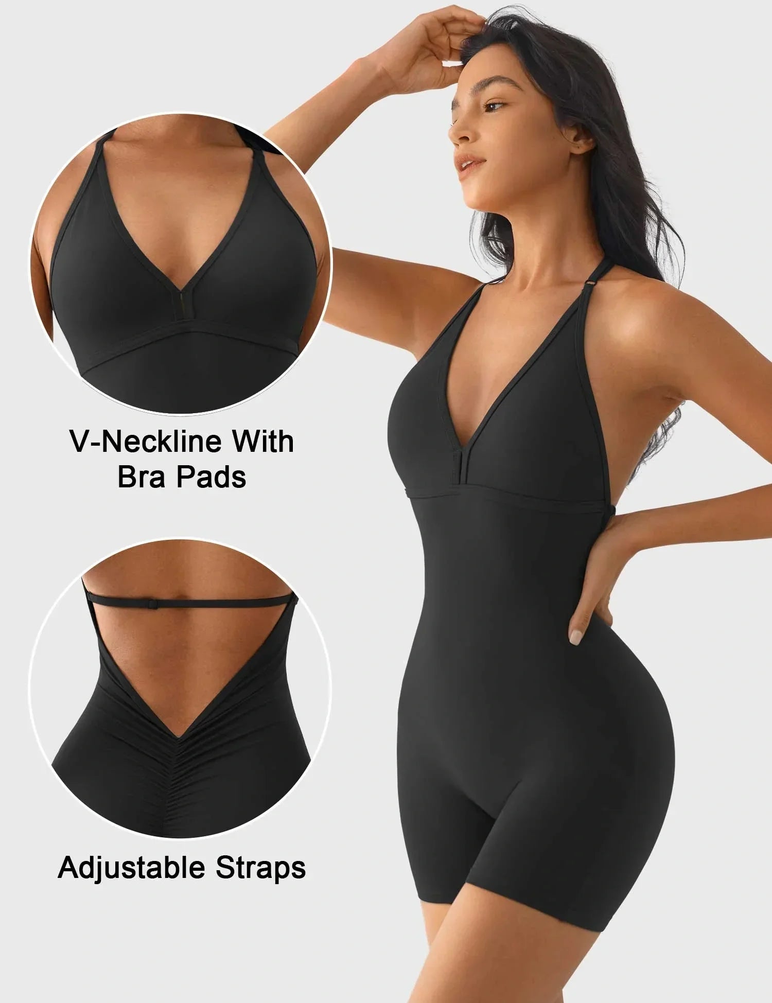 Velafit Taylor V Neck Backless Romper-Black