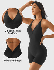 Velafit Taylor V Neck Backless Romper-Black