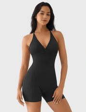 Velafit Taylor V Neck Backless Romper-Black