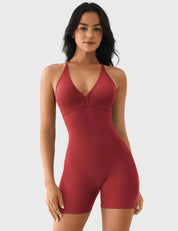 Velafit Taylor V Neck Backless Romper-Maroon