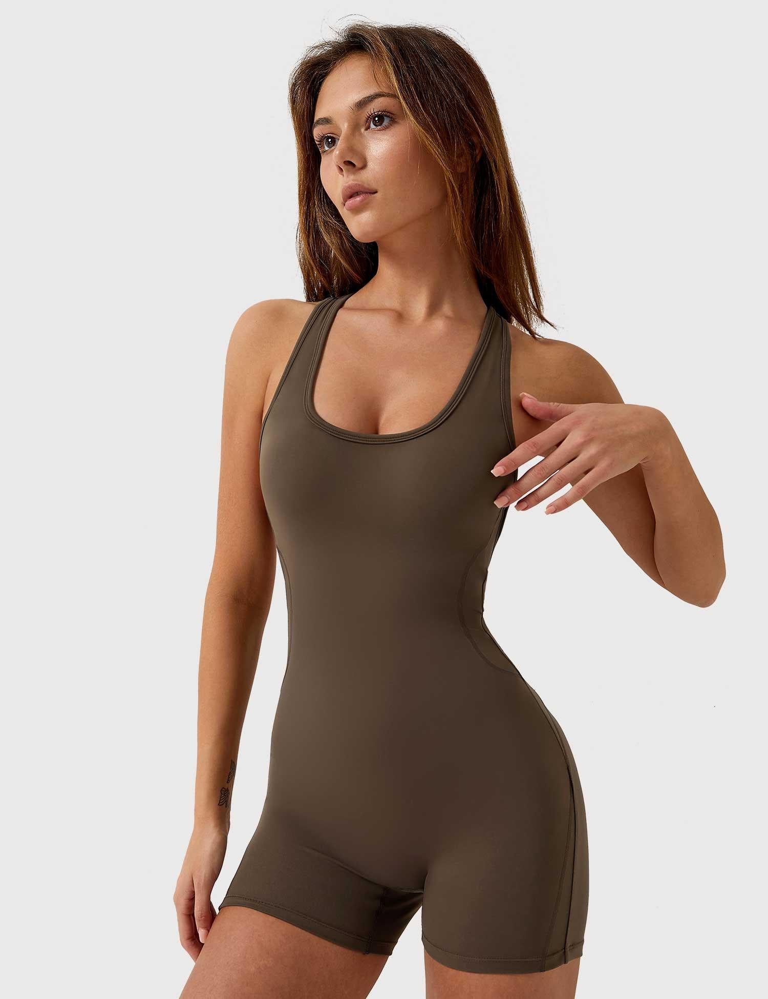Velafit U-Neck Backless Romper-Coffee