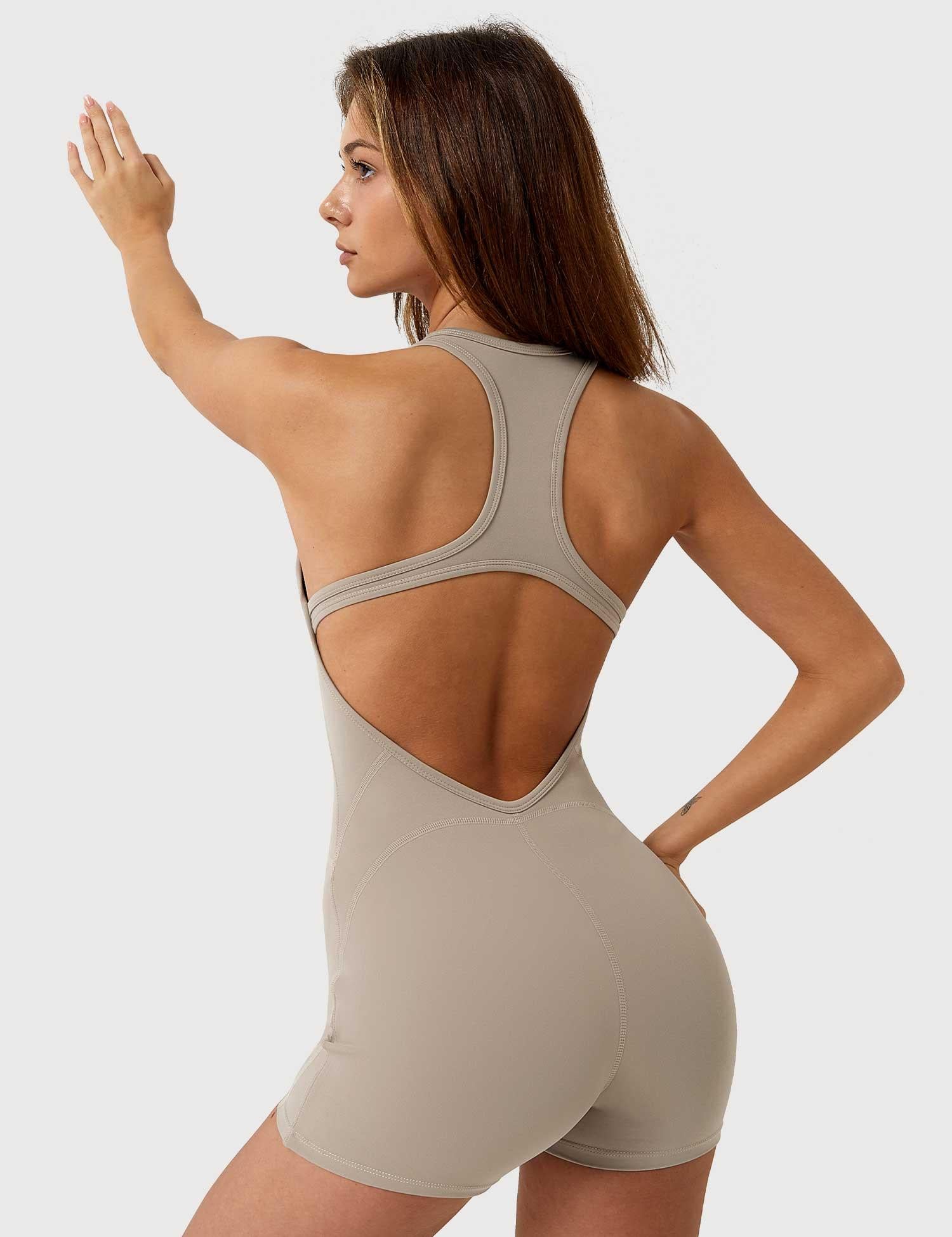 Velafit U-Neck Backless Romper-Light Brown