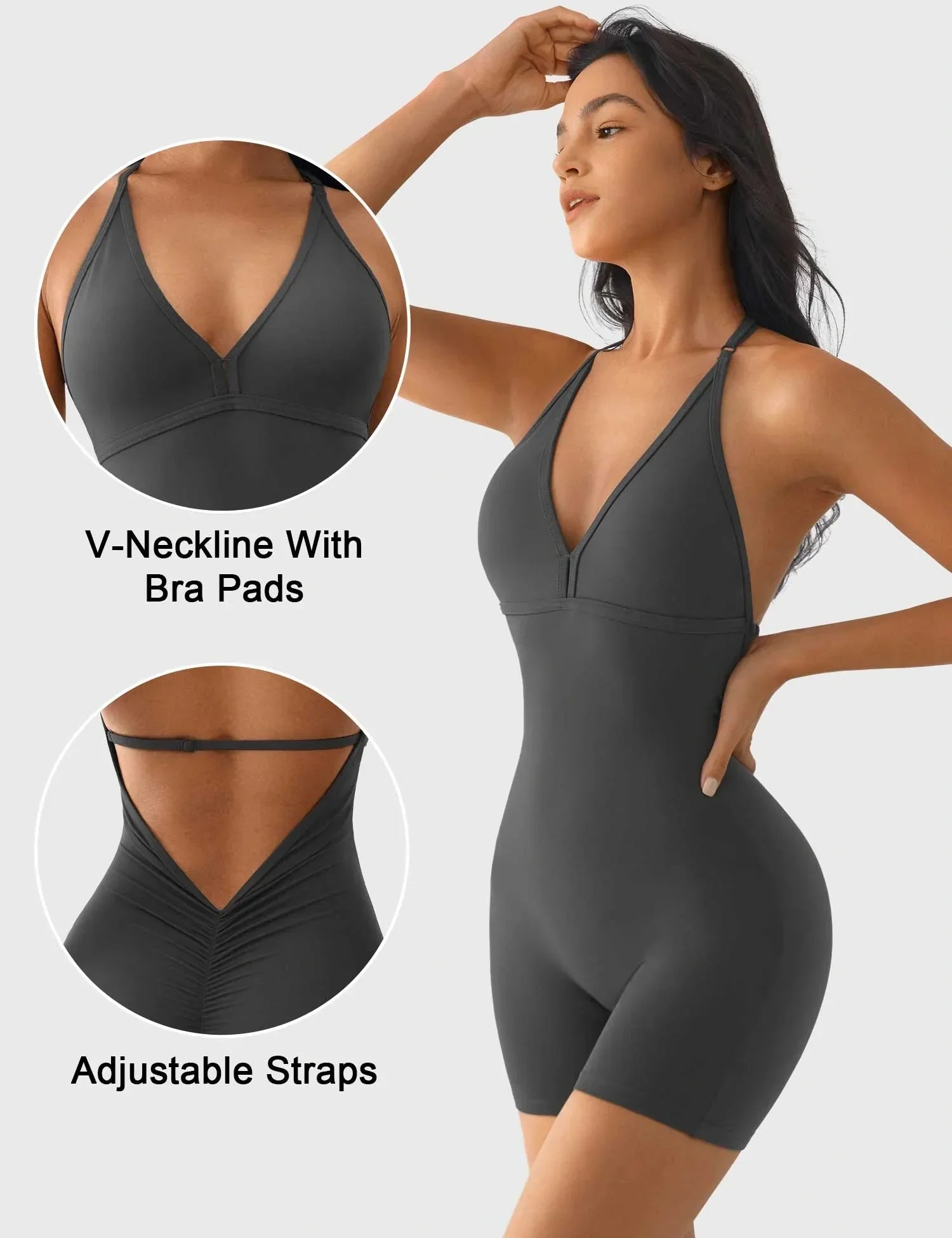 Velafit Taylor V Neck Backless Romper-Dark Grey