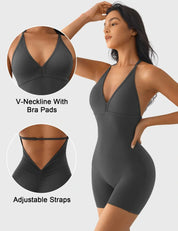 Velafit Taylor V Neck Backless Romper-Dark Grey