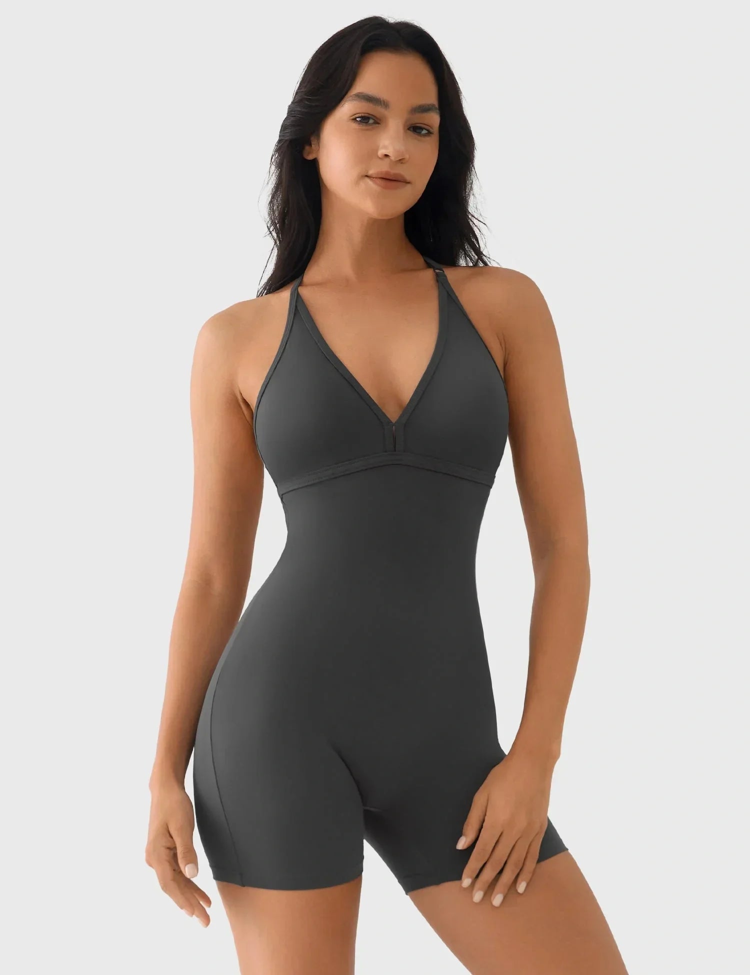 Velafit Taylor V Neck Backless Romper-Dark Grey