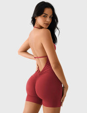 Velafit Taylor V Neck Backless Romper-Maroon