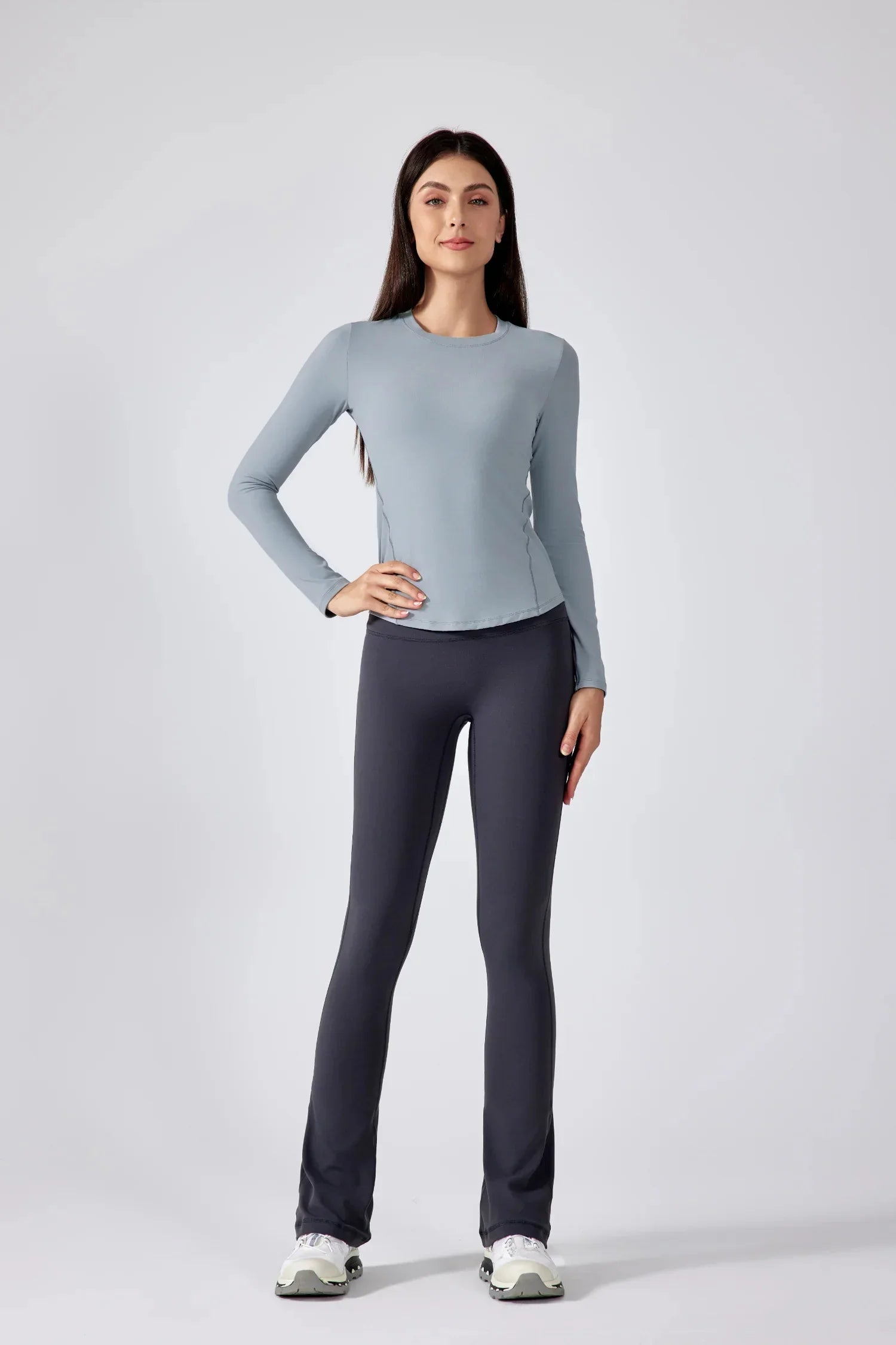 Slim Fit Yoga Fitness Langarm Top-Hellgrau