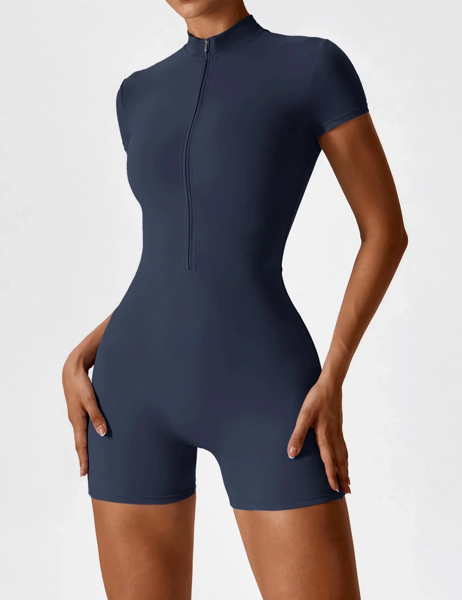 Velafit Short Sleeve Zipper Romper-Dark Blue