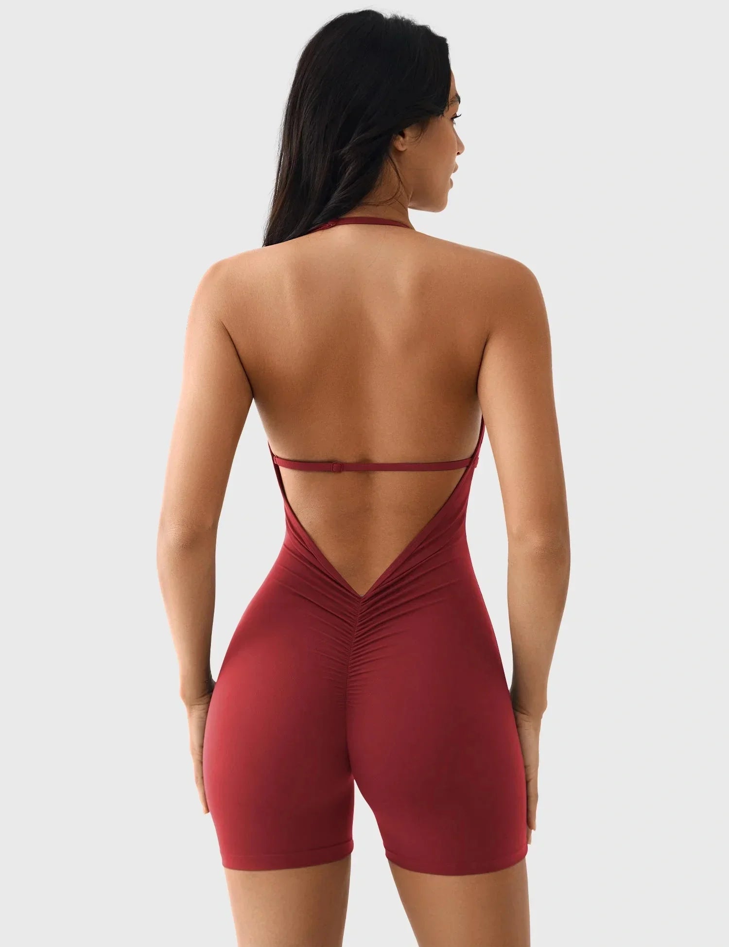 Velafit Taylor V Neck Backless Romper-Maroon