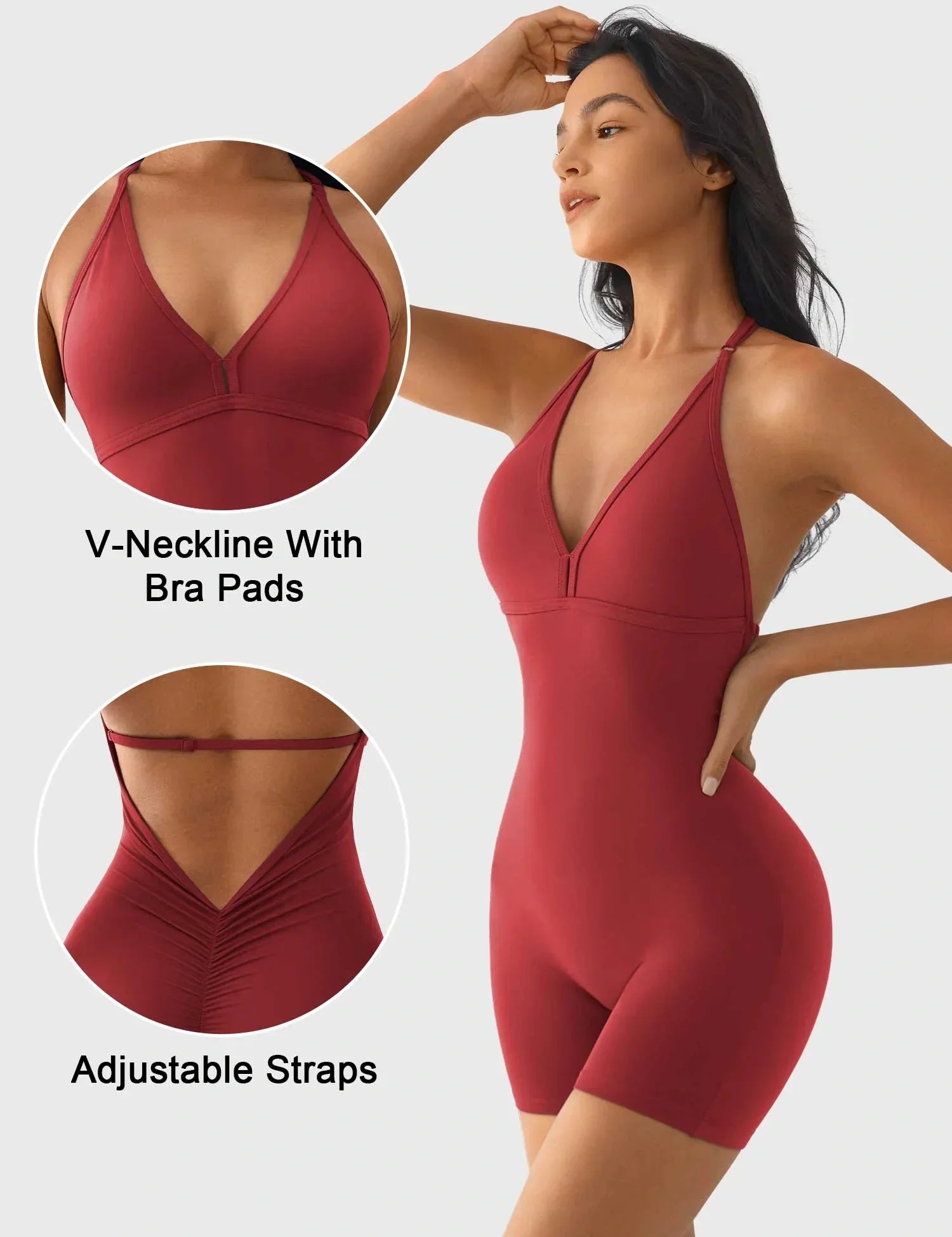 Velafit Taylor V Neck Backless Romper-Maroon
