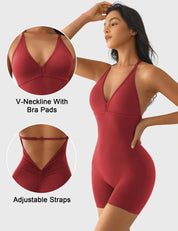 Velafit Taylor V Neck Backless Romper-Maroon