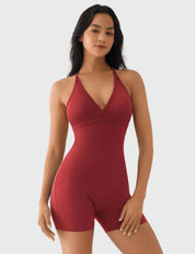 Velafit Taylor V Neck Backless Romper-Maroon