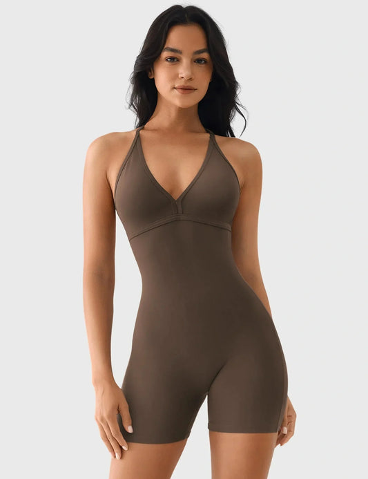 Velafit Taylor V Neck Backless Romper-Coffee