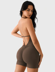 Velafit Taylor V Neck Backless Romper-Coffee