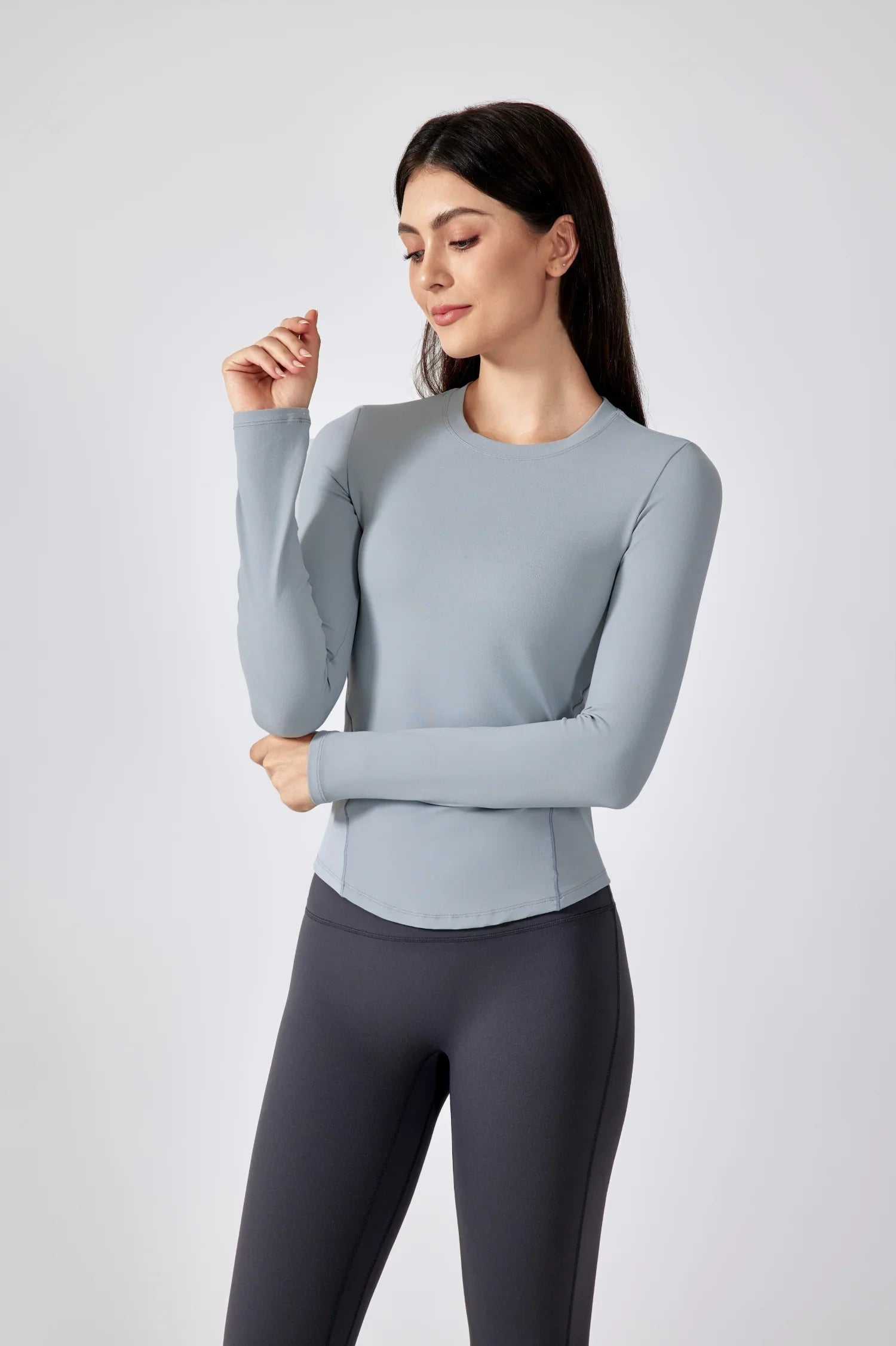 Slim Fit Yoga Fitness Langarm Top-Hellgrau