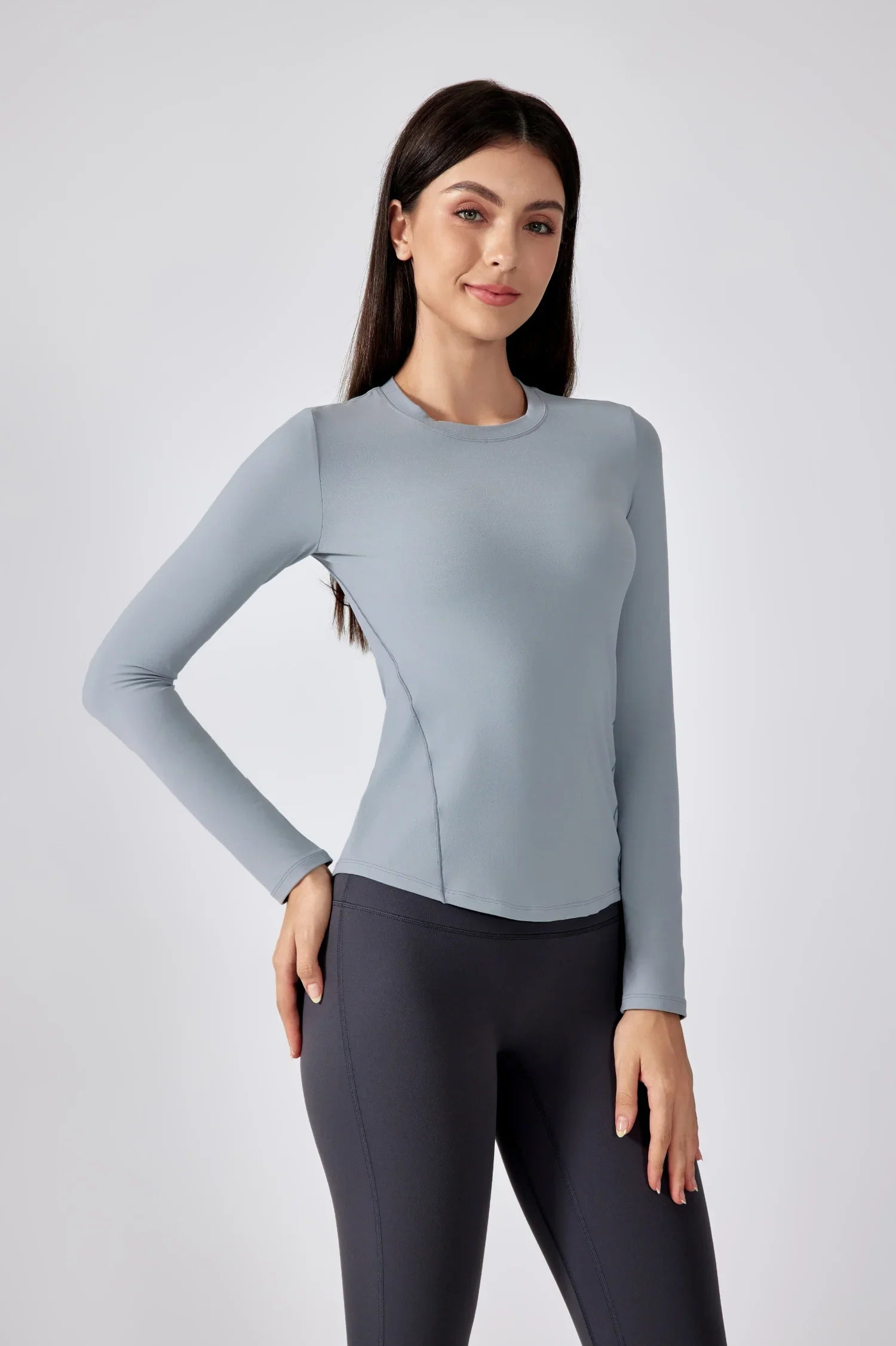 Slim Fit Yoga Fitness Langarm Top-Hellgrau