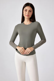 Slim Fit Yoga Fitness Long Sleeve Top-Khaki brown