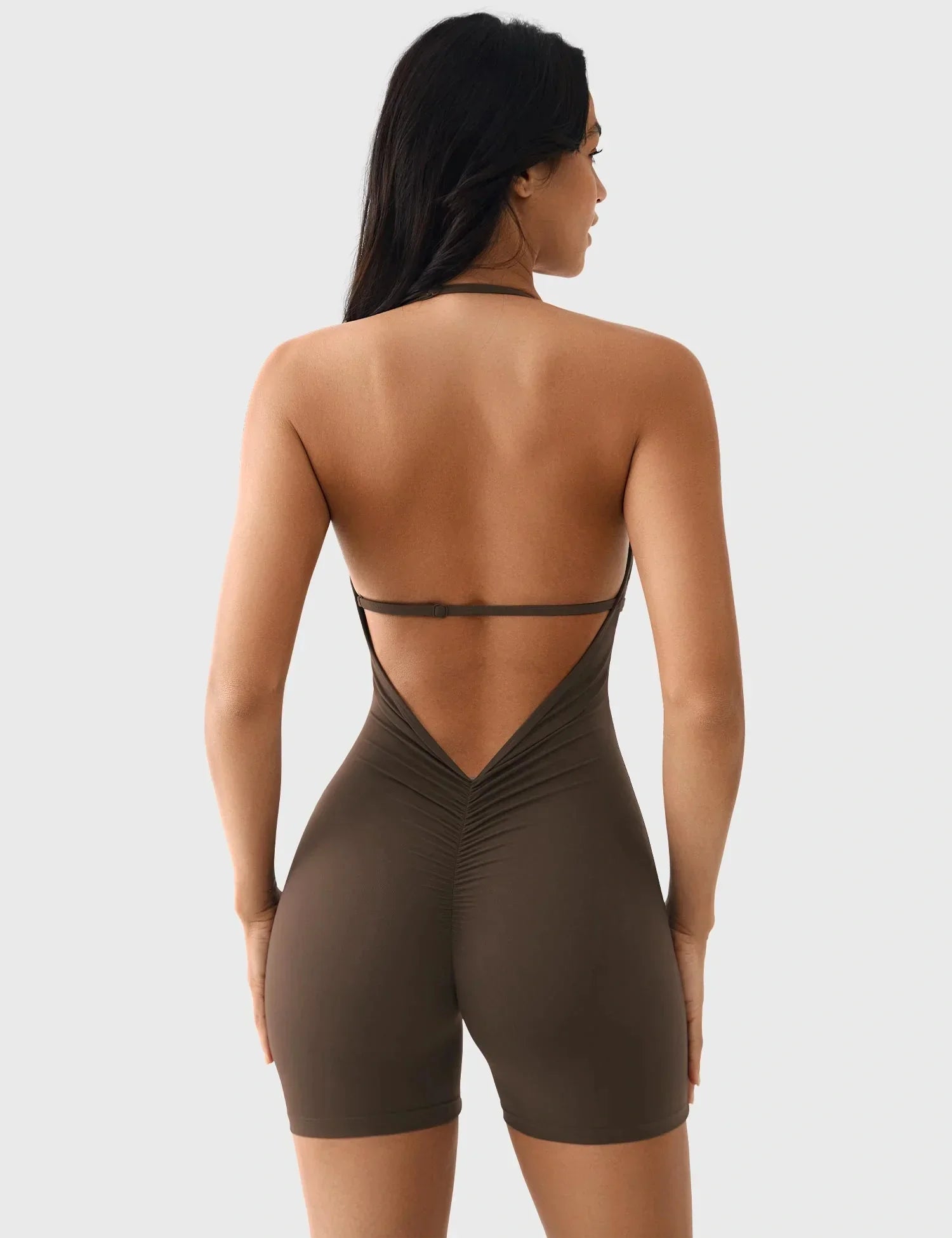 Velafit Taylor V Neck Backless Romper-Coffee