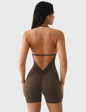 Velafit Taylor V Neck Backless Romper-Coffee