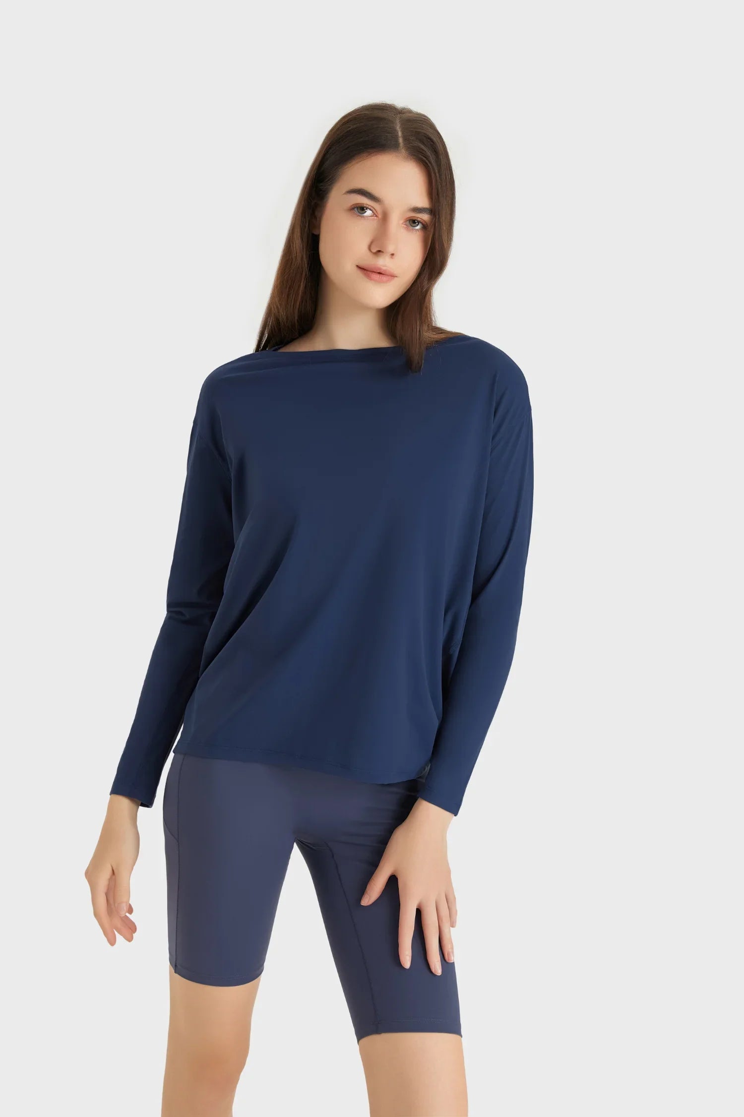 Loose Casual Yoga Long Sleeve Top-Navy blue