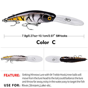 Specification chart showing a fish-shaped minnow lure with a diving lip and treble hooks.