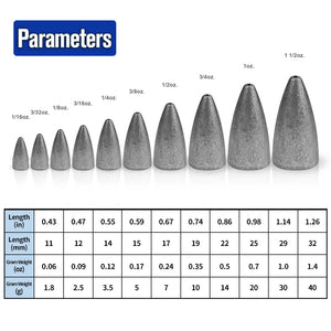 Size chart comparing gray bullet fishing weights.