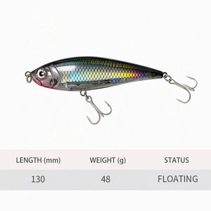 Specification chart showing a slim floating pencil lure with two treble hooks.