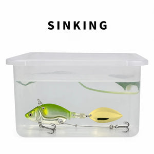 Water test showing a sinking lipless crankbait in a clear container.
