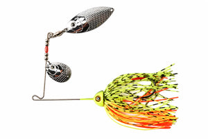 Green and yellow spinnerbait with metal blades and a skirted single hook on a plain background.