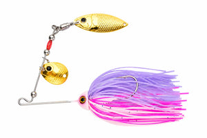 Purple and yellow spinnerbait with metal blades and a skirted single hook on a plain background.