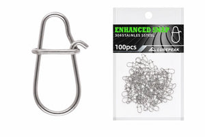 Metal fishing snap displayed beside a bag of snap clips.
