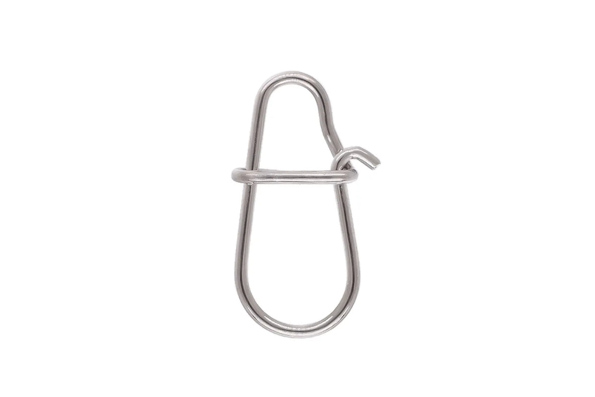 Single stainless steel fishing snap shown on a white background.