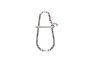 Single stainless steel fishing snap shown on a white background.