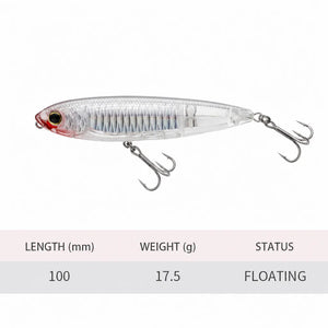 Specification chart showing a slim floating pencil lure with two treble hooks.