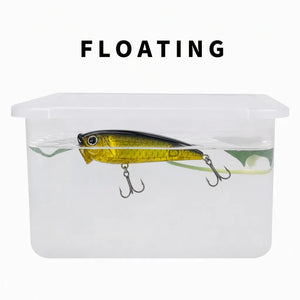 Water test showing a floating topwater popper in a clear container.