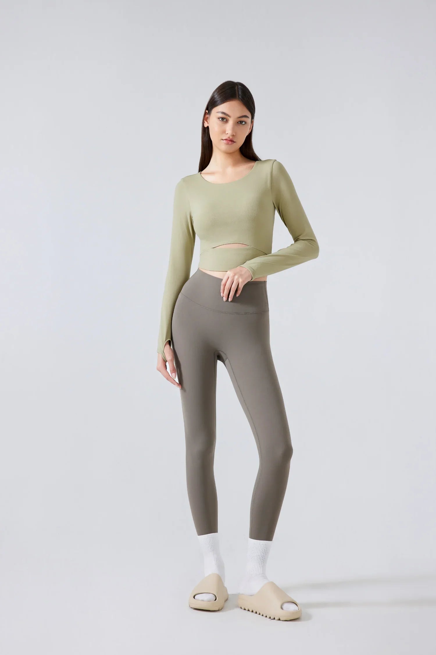 Yoga Fitness Langarm Top-Khaki