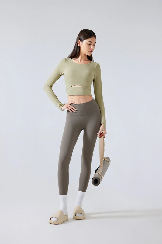 Yoga Fitness Long Sleeve Top-Khaki