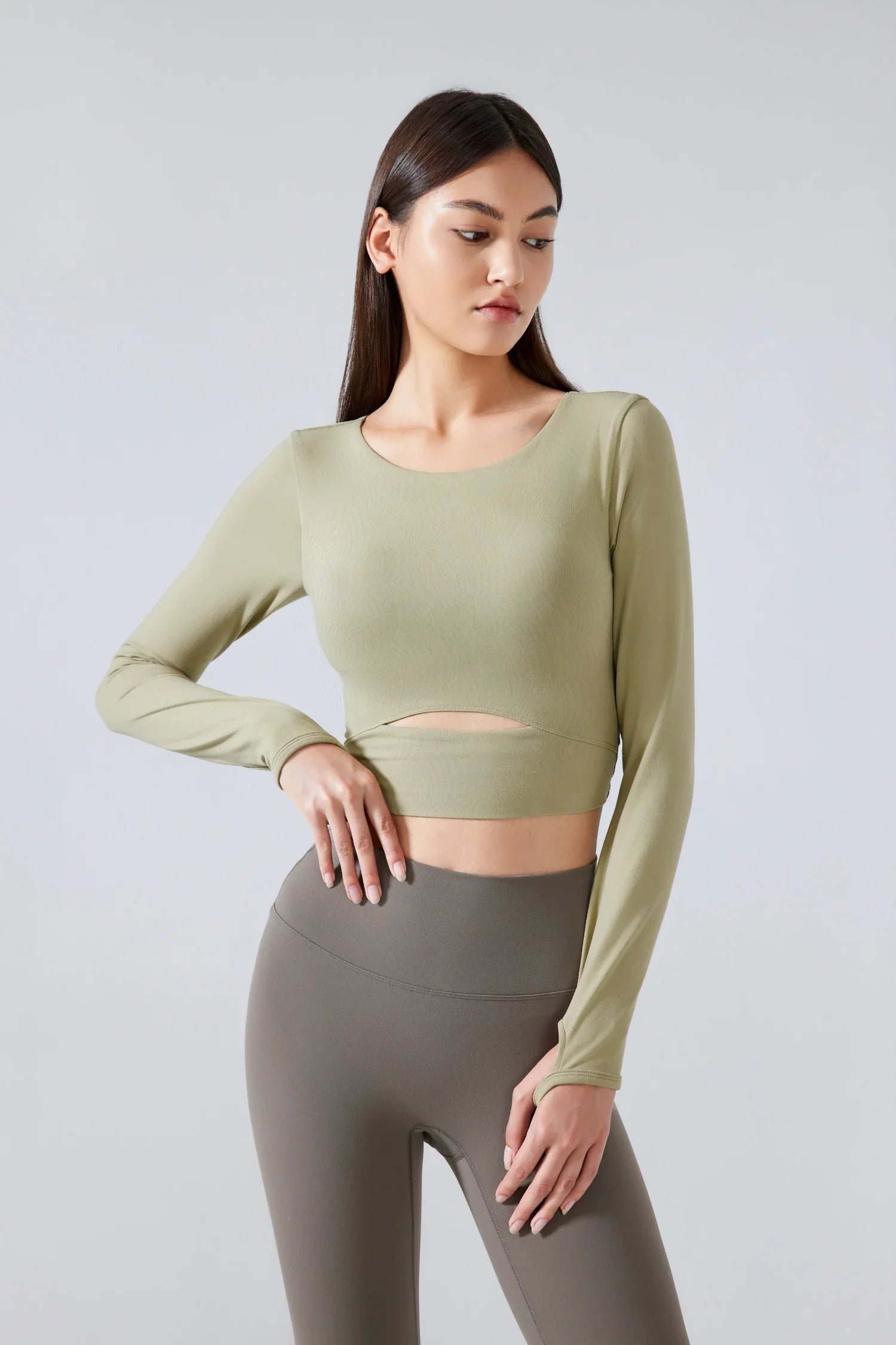 Yoga Fitness Langarm Top-Khaki