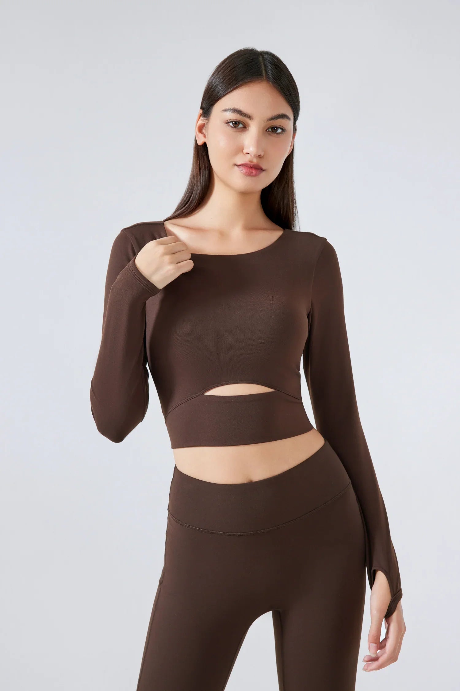 Yoga Fitness Long Sleeve Top-Brown