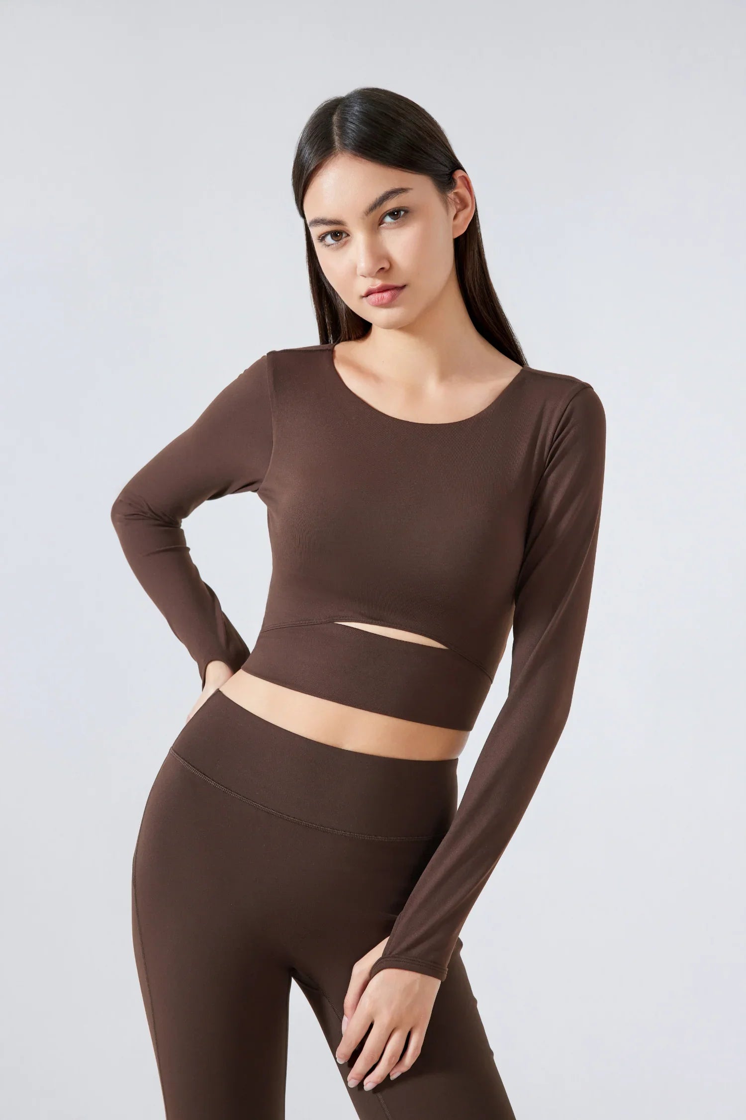 Yoga Fitness Long Sleeve Top-Brown